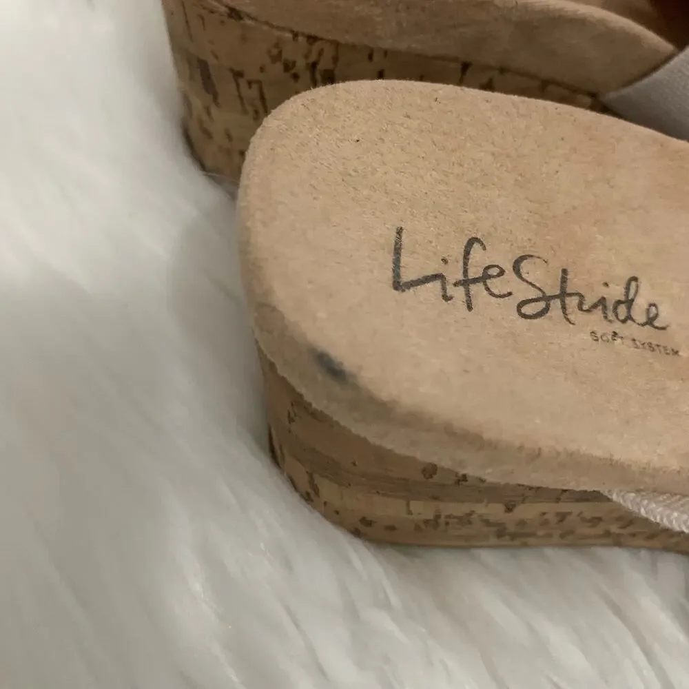 Life Stride Divine Neutral Double Strap Wedge Cork Heel Sandals Size 6